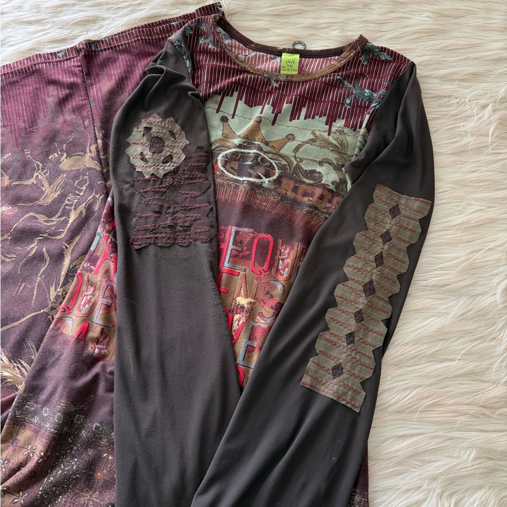 Bohemian Maroon Patchwork Long Sleeve Dress - Picture 5 of 10